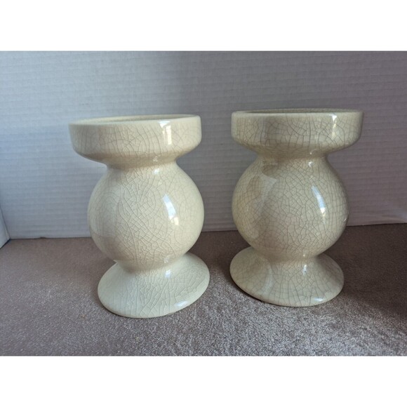 Modern Crazed Glazed Set Of 2 Candle Holders Cream Colored - Picture 2 of 13